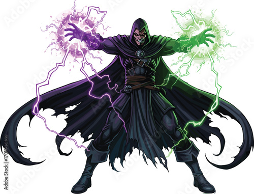 Powerful dark sorcerer with torn cloak casting green and purple magic lightning, fantasy wizard, mystical energy, heroic dark mage illustration.