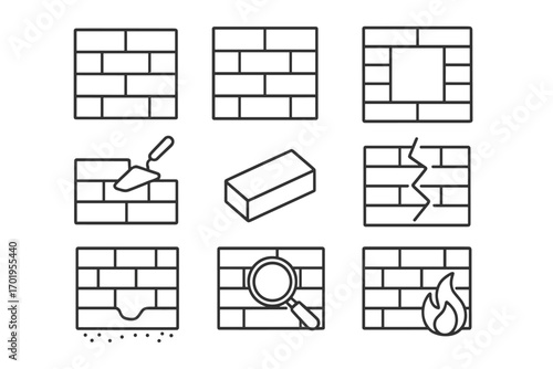 Brick wall outline icon set. Construction, masonry, and building concepts. Bricklaying with trowel, cracked and crumbling wall, firewall, search. Editable stroke vector symbol.