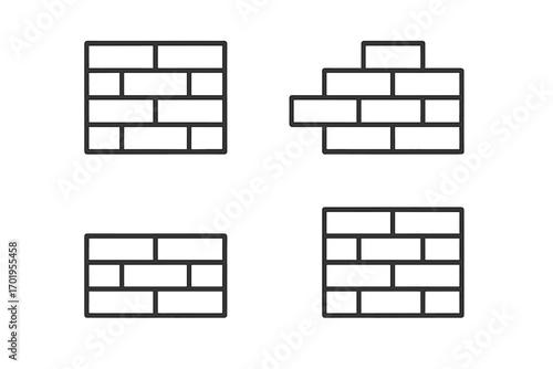 Set of brick wall thin line icons. Masonry and construction vector symbols. Outline brickwork pattern graphic elements. Editable stroke icons for web design, apps, ui, ux.