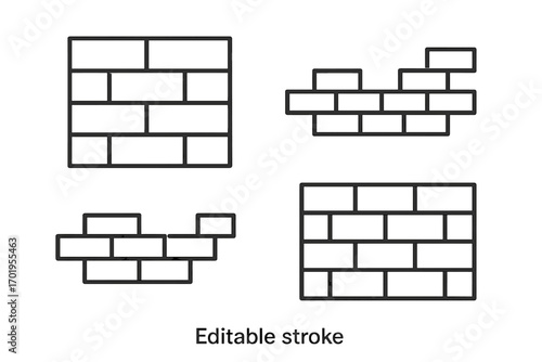 Brick wall thin line icon set. Editable stroke vector illustration. Building and construction concept. Masonry and brickwork graphic symbol collection for web and apps.