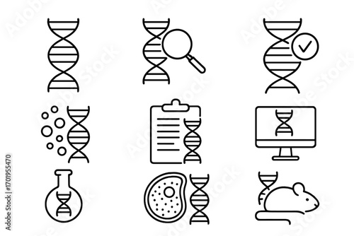 DNA research line icon set. Gene science, genetic engineering, and biotechnology concepts. Vector icons for lab analysis, animal testing, bioinformatics, and molecular cell biology.