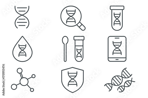 DNA test and genetics research line icon set. Gene analysis, heredity, and biotechnology symbols. Science and medicine vector icons for lab, diagnostic, and ancestry concepts.