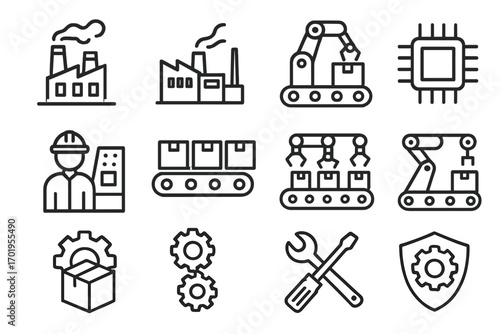Manufacturing and industry outline icon set. Factory automation, robotic arm, and conveyor belt production line icons. Vector symbols for technology, engineering, and logistics.