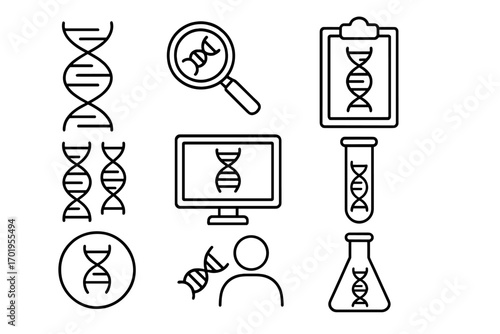 DNA thin line icon collection with editable stroke. Vector symbols for genetics, biology, science research, lab test, medical analysis, genetic engineering, and ancestry app.