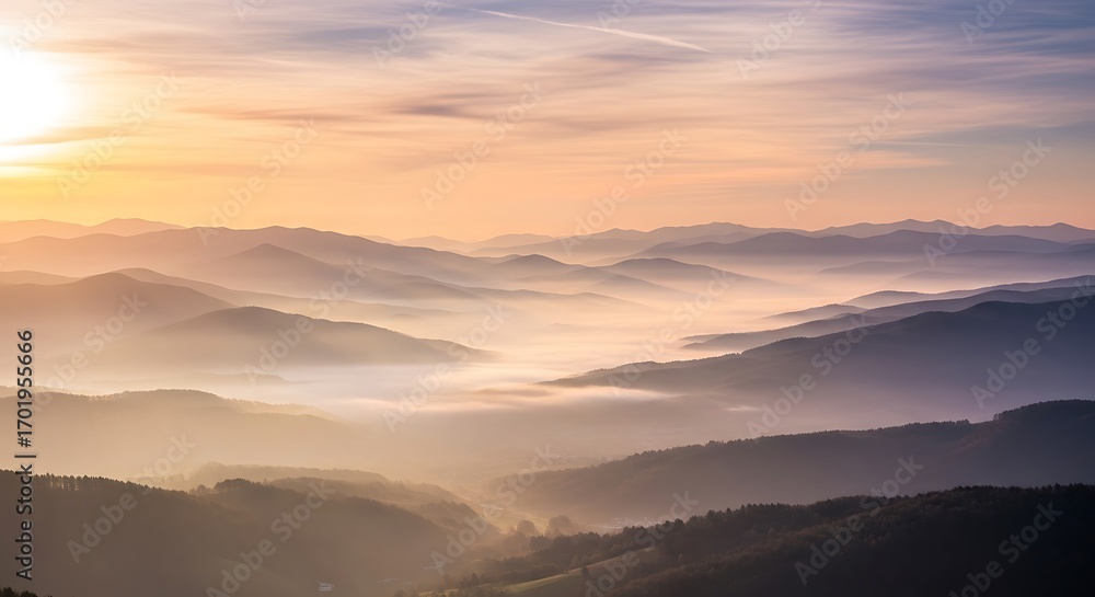 Obraz premium Mountain Range with Fog at Sunset