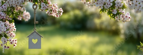 House-shaped key with heart cutout hanging from a tree branch among spring flowers against a blurred green meadow, symbolizing love, home, and real estate concept