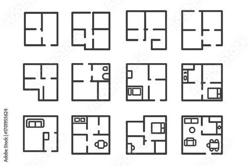 Floor plan icon set. Thin line vector collection of apartment layouts with furniture. Architecture blueprint for real estate. House design and interior schematic symbols.