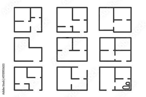 Floor plan simple isolated line icons collection. House layout, apartment blueprint, and architecture design elements. Real estate graphic symbols. Editable stroke vector set.