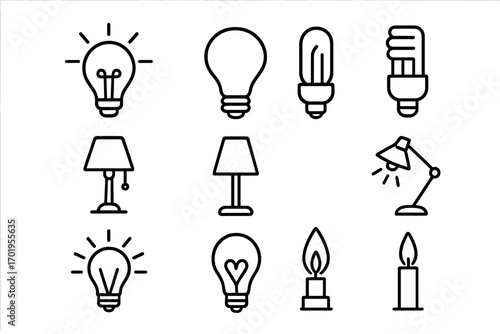 Light bulb and lamp line icon set. Idea, solution, innovation concept. Electricity and energy symbol collection. Different lamps for interior design. Editable stroke vector icons.
