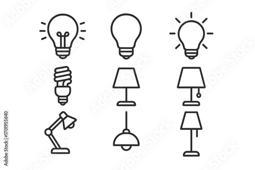 Light bulb and lamp outline icon set. Idea, innovation, solution, creativity symbols. Electric table lamp, desk lamp, CFL bulb. Energy saving and electricity concept vector.