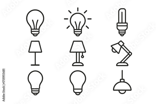 Light bulb lamp outline icon set. Vector collection of various light fixtures. Symbol of idea, solution, innovation, energy, and electricity. Editable stroke for web design.
