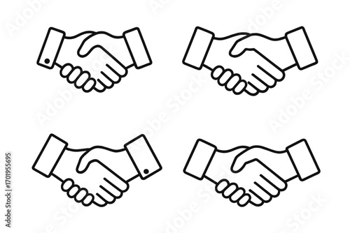 Handshake icon set. Business agreement and partnership concept. Vector outline of hands shaking. Deal, cooperation, success, and contract symbol for corporate communication.