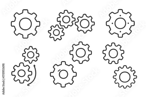 Gears line icon collection. Cogwheel and pinion symbols for mechanism and engineering. Teamwork, process, and system concepts. Settings, options, and preferences icon set.