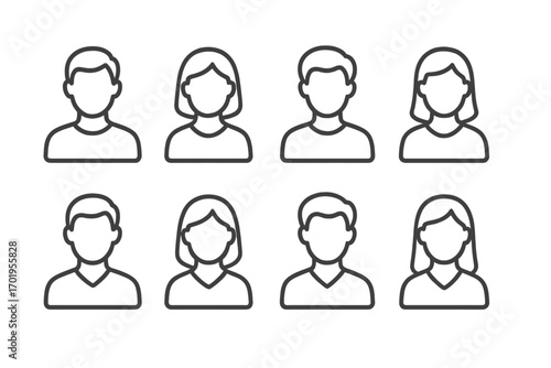 User avatar icon set. Male and female profile symbols. People head silhouette pack. Simple person bust for web, social media, app. Thin line art design. Editable stroke vector.
