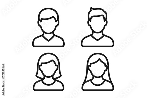 User avatar line icon set with male and female profiles. Simple person head silhouette for web UI, app design. Vector graphic for member account. Editable stroke concept.