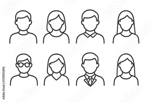 User avatar icon collection. Male and female people profile thin line set. Man and woman head character pictogram. Vector for web, apps, and UI. Editable stroke design elements.