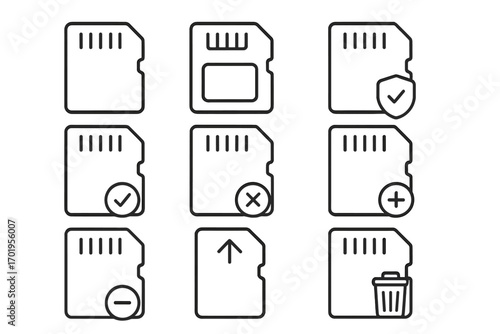 MicroSD memory card outline icon collection. Simple linear vector images for data storage concepts. Includes symbols for add, delete, secure, upload, and trash. Editable stroke.