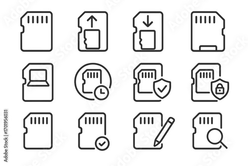 MicroSD memory card vector line icon set. Data storage, flash drive, security and transfer symbols. Concepts like upload, download, protection, and search. Editable stroke.