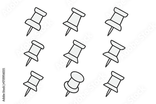 Push pin icon set. Thumbtack line art collection for office and stationery concepts. Vector drawing pins for marking locations on a map or noticeboard. Simple reminder.
