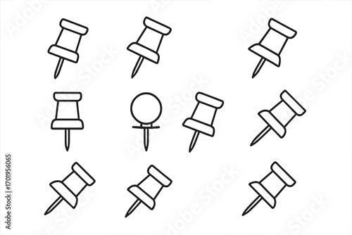 Push pin and thumbtack line icon set. Drawing pin and map tack vector collection. Office supply stationery for marking location, reminders on a bulletin board. Simple outline.