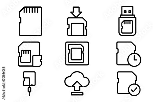 Memory card line icon set. MicroSD, SD adapter, USB flash drive reader. Data storage, transfer, backup & cloud computing concept. Editable stroke vector for web, mobile app.
