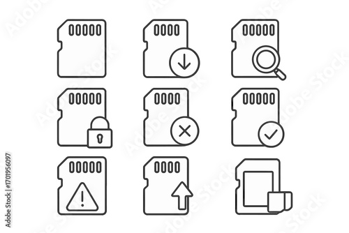 MicroSD memory card simple line icon collection. Data storage flash drive symbols. Download, upload, security lock, error, search vector icons with editable stroke for web and apps.
