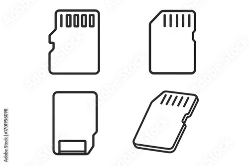 MicroSD memory card line icon set. Flash drive, data storage, secure digital symbol collection. Micro SD chip technology pictogram pack. Editable stroke vector illustration.
