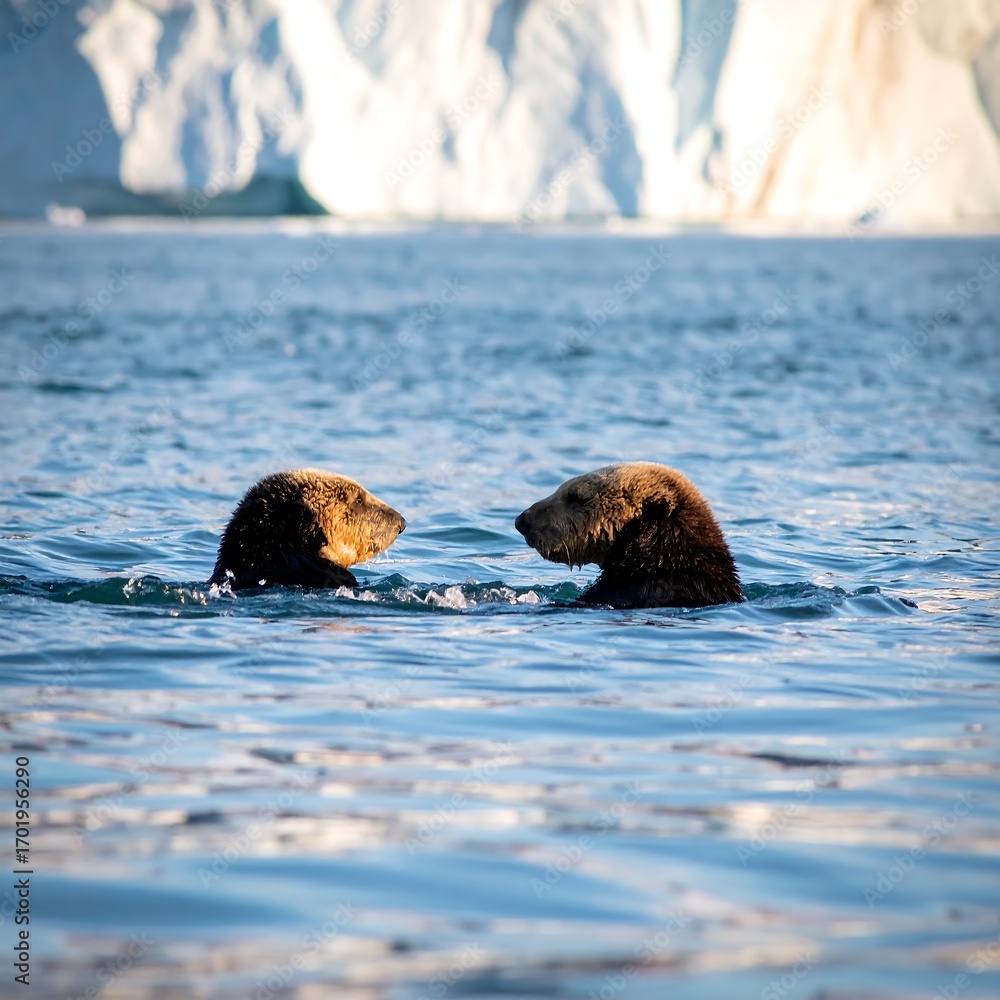 Fototapeta premium Two sea otters in water, icebergs in background
