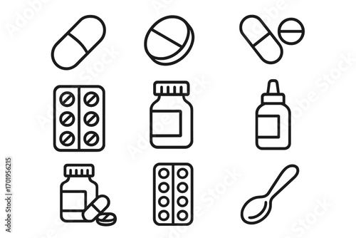 Pills medication line icon set. Pharmacy and healthcare concept. Vector symbols of capsule, tablet, drugs, bottle, blister pack. Editable stroke for UI, UX, web, apps.