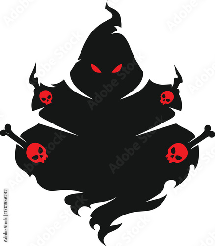 Shadowy dark ghost figure with glowing red eyes, red skulls, ominous spirit silhouette, spooky spectral phantom, dark fantasy evil entity, haunting supernatural character