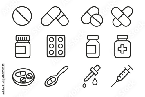 Pills and medication outline icon set. Simple linear vector illustration collection of pharma symbols like capsule, tablet, bottle, blister, syringe and dropper. Editable stroke.