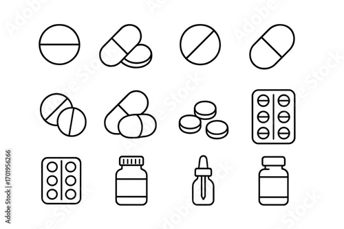 Pills and medication outline icon set. Simple linear vector illustrations of tablets, capsules, and bottles. Pharmacy and healthcare concept. Editable stroke for web and apps.