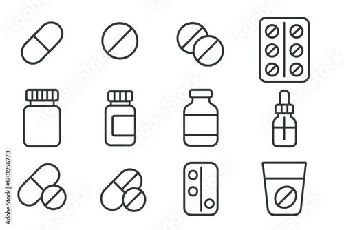 Pills and medication outline icon set. Pharmacy and healthcare vector symbols. Collection includes tablets, capsules, drug bottles, and blister packs for medical web design.