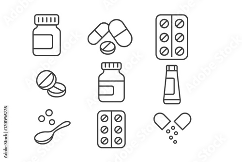 Pills and medication thin line icon set. Vector symbols for pharmacy, drugs, and healthcare. Editable stroke. Capsule, tablet, bottle, prescription, treatment concept.