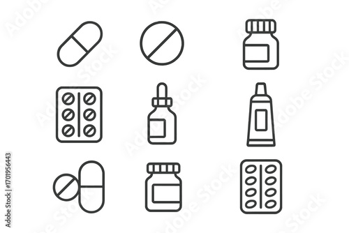 Pills and medication thin line icon set. Pharmacy and healthcare concept. Drug, capsule, tablet, bottle. Vector outline icons for web, app, UI, UX, and infographics.