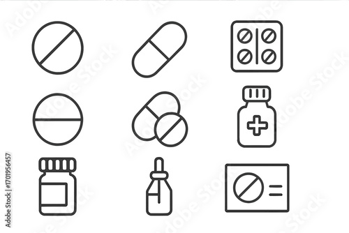 Pills and medication simple line icon set. Pharmacy, healthcare, and medicine symbols. Vector outline collection of tablets, capsules, and drug bottles. Editable stroke.