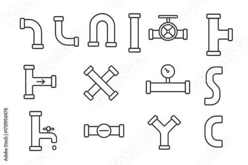 Set of thin line pipe icons bundle. Editable stroke design of plumbing pipes, valves, connectors for web, apps, books, cards, vector illustration with transparent background