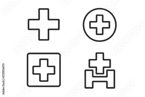 Thin line icons of medical cross symbols, health care signs, first aid symbols, editable stroke vector graphics for web, books, cards, and app design, transparent background