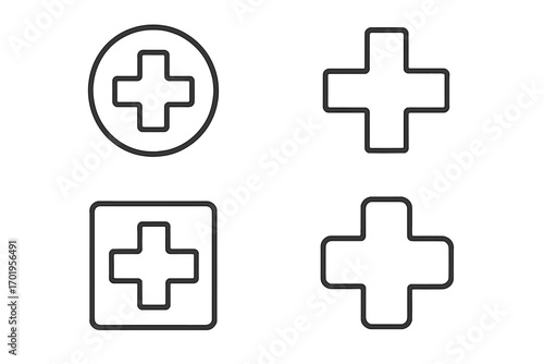Medical cross line icon set. Plus sign for first aid, hospital, pharmacy logo. Health care and emergency medicine symbol collection. Simple minimal vector graphic for web.