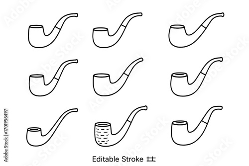 Pipe bundle thin icons editable stroke set, smoking pipe vector illustrations, classic tobacco pipe outline collection, cartoon style, transparent background for web, books, cards, apps design
