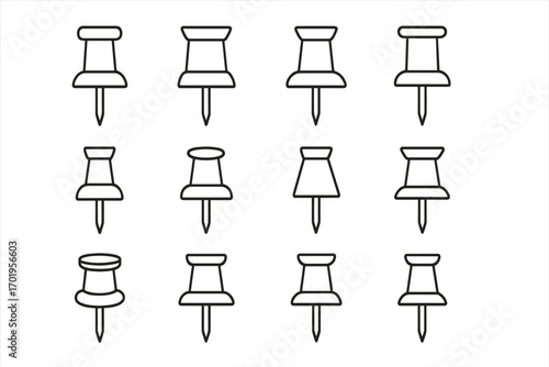 Set of Thin Line Push Pin Icons for School and Office Use, Editable Stroke Vector Illustrations, Suitable for Web Design, Apps, Cards, Books, Vector Cartoon Style