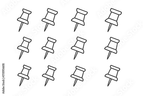 Push pin vector icons pack for school and office, thin line editable stroke, cartoon style illustration for websites, books, cards, apps, transparent background