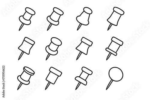 Set of thin line push pin icons for school and office use, editable stroke vector illustration suitable for web, books, cards, apps, office stationery and educational materials design