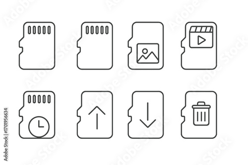 Memory card icons set with editable stroke, storage symbols for digital data, photo and video files, upload and download arrows, clock and trash can signs for web, apps, and digital media design