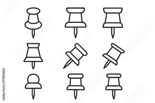 Push pin icons set for school and office supplies thin line editable stroke vector collection, cartoon style illustration, web design, app, book, and card use