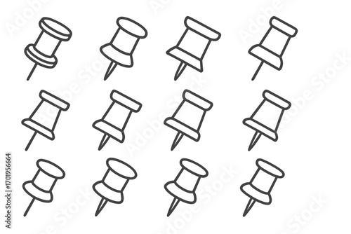 Set of push pin icons for school and office use, thin editable stroke vector illustration, perfect for web sites, books, cards, apps, and digital projects