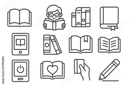 Related icon set with editable stroke for books, reading, education, web, apps, and cards, vector cartoon illustration with transparent background, ordered design set