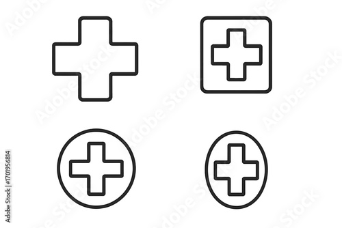 Set of thin stroke medical cross icons, editable vector elements for web, apps, books, cards, healthcare symbols, square and round frame designs, transparent background