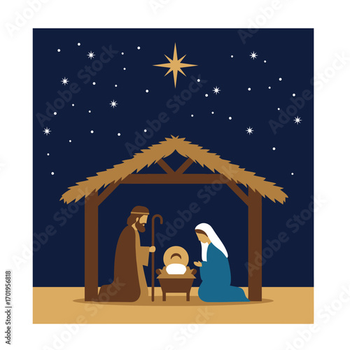 Traditional Christmas Nativity scene with Mary, Joseph, and baby Jesus in the manger under the Star of Bethlehem