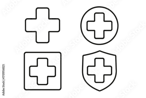 Set of thin medical cross icons with editable stroke, vector cartoon illustration for websites, books, cards, apps, healthcare symbols in circle, square, and shield shapes